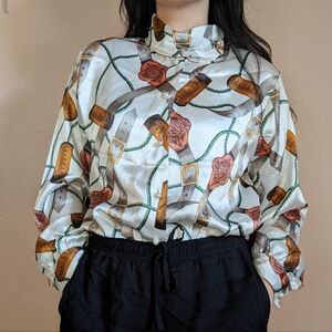 vintage belt and rope equestrian leslie fay satin button down shirt - size 10